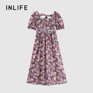 inlife 伊纳芙 女士法式方领碎花连衣裙 Z53AL3559