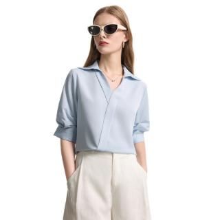 DKNY 夏季纯色高级轻奢交叉翻领短袖衬衫女时尚休闲简约耐看通勤衬衫女