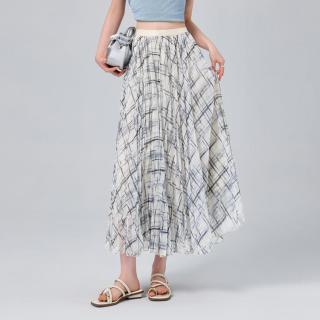 DKNY 夏季薄款格纹半身裙透气清凉女士半截裙气质淑女宽松A字中长裙