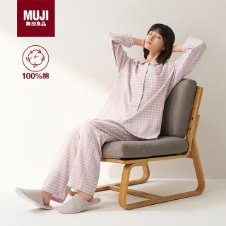 無印良品 MUJI 无侧缝 双层纱织睡衣 浅粉红色格纹  L