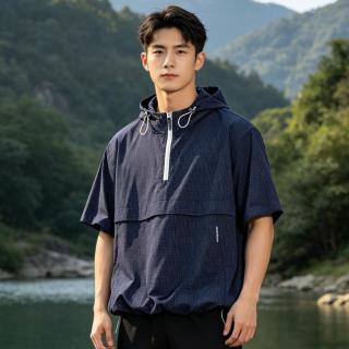 VITOCANO 夏季男士运动风T恤户外跑步休闲半拉链连帽T恤宽松格纹短袖上衣