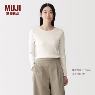無印良品 MUJI 女式 莱赛尔混罗纹编织圆领长袖T恤 打底衫 女装上衣