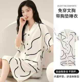 勋阳宇乐 女士睡衣带胸垫女纯棉100%棉中式睡裙开衫