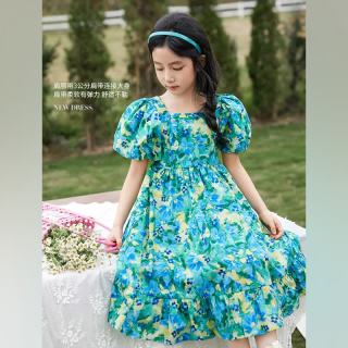 LUSON 童装女童碎花连衣裙夏季新款森系公主裙洋气儿童泡泡袖裙子 碎花蓝 120