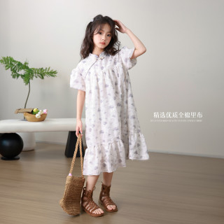 LUSON 童装女童新中式连衣裙儿童夏装新款国风公主裙子 米杏色 130