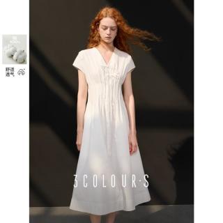 三彩 女士法式复古收腰V领连衣裙 S