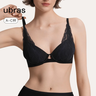 Ubras 24年流雾蕾丝性感内衣透气法式轻奢大胸显小聚拢兔耳杯文胸 兔耳杯文胸-黑色 S(70A/B/C)