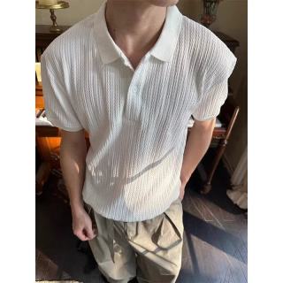NEW OR MODE 竖条浮雕短袖polo衫男夏季薄款亨利领t恤男老钱风慵懒风正肩半袖