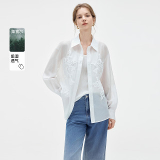 ELLE 重工蕾丝设计感衬衫女2026夏季新款高级感宽松莱赛尔天丝衬衣 白色 质感高级