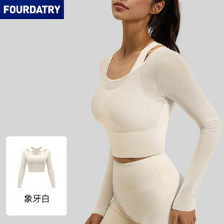 FOURDATRY 网纱假两件瑜伽服长袖显瘦带胸垫运动健身服上