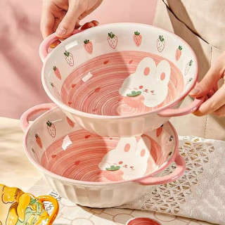 CERAMICS 草莓兔可爱陶瓷碗盘餐具碗家用釉下彩碗碟碗筷餐具套装整套碗具 草莓兔-7.5英寸双耳碗