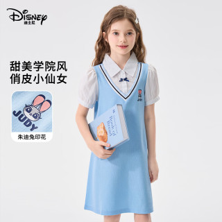 迪士尼 女童学院风朱迪印花假两件公主裙