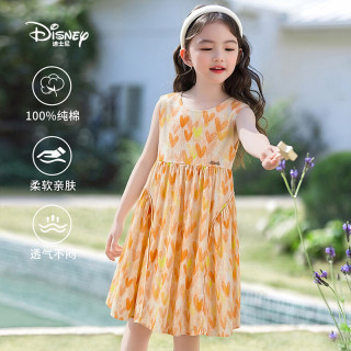 迪士尼 女童夏季100%纯棉透气碎花连衣裙