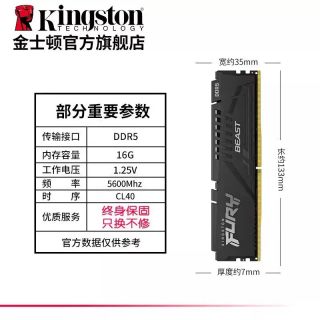 金士顿 骇客神条ddr5 5600 8g/16g马甲台式机电竞内存套条超频灯带