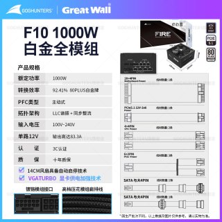 GOGHUNTERS 长城电源F10 1000W白金牌全模组F12 1200W台式主机ATX3.1电脑电源