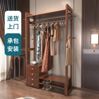 敬杰 玄关挂衣架 落地家用鞋架 可坐客厅衣服架 带抽屉多功能 新中式置物架