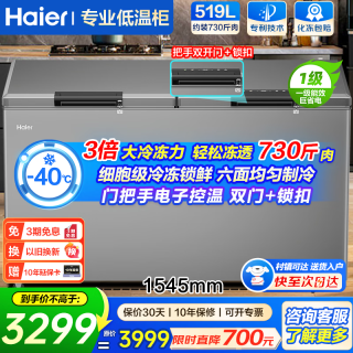 海尔 大容量冰柜500/600/700/800升一级能效无需频繁除霜冷柜 -40度|巡航抑菌|六面制冷