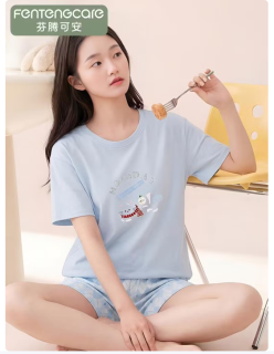 芬腾 可安（FENTENGCARE）【100%纯棉】新疆棉家居服  女士睡衣套装 浅兰格 M