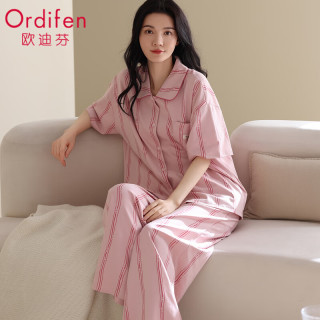欧迪芬 2026新款睡衣女100纯棉短袖长裤春夏季宽松条纹开衫家居服可外穿