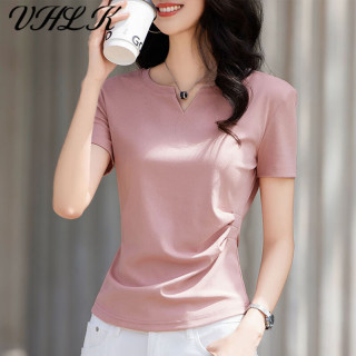 VHLK轻奢潮牌女装V领短袖T恤女2026夏季新款纯色修身收腰上衣百搭t恤