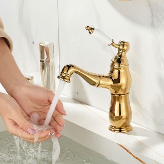 柏焱卫庄 欧式高端抽拉式水龙头全铜面盆洗手龙头浴室金色玉石把手冷热水头 土豪金抽拉瓷白手柄