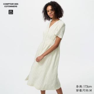 优衣库 女装麻混纺条纹V领连衣裙 485751