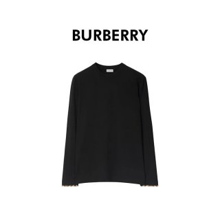 BURBERRY 自营欧洲直邮Burberry/博柏利 男士黑色棉质袖口格纹饰边长袖T恤
