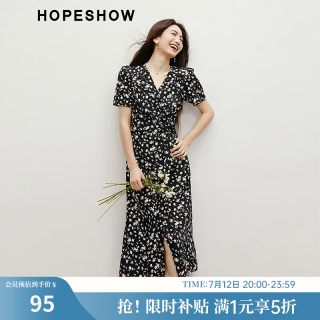 红袖 花语觅 女装 法式泡泡袖V领套头连衣裙 658