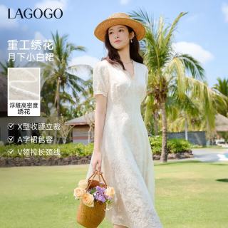 La·go·go LAGOGO重工蕾丝连衣裙女拉谷谷2026夏季新款收腰质感仙女裙 米色 S