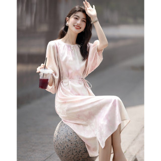 德玛纳 蜜桃欧若风 女式连衣裙 暗提花腰带中袖 A字藏肉