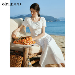 OLRAIN 女士法式方领收腰显瘦短袖连衣裙
