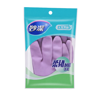 妙潔 妙洁 天然乳胶家务手套 小号*1双乌梅紫+钢丝球 厨房清洁洗衣洗碗 加厚耐磨防滑防水
