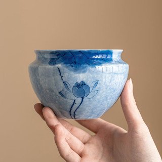 灵沐 茶渣缸小号洒蓝纯手绘蓝莲花