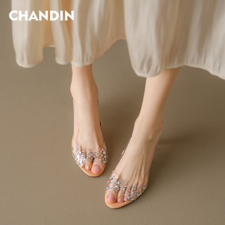 CHANDIN 透明水晶跟凉鞋女年夏季新款鱼嘴坡跟小个子亮片PVC高跟鞋女 透明水钻