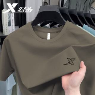 特步 正品纯棉男士短袖t恤宽松休闲运动服百搭大码半袖亲肤圆领上衣男 椰树棕