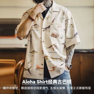 马登 工装美式复古夏威夷短袖印花衬衫古巴领港风衬衣休闲外套