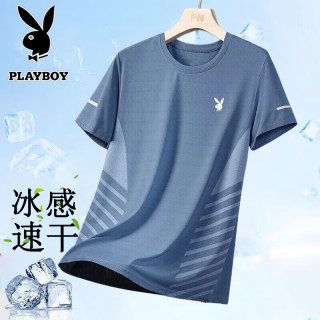 PLAYBOY 短袖T恤男士夏季圆领宽松百搭透气速干冰感运动上衣 雾蓝 2XL