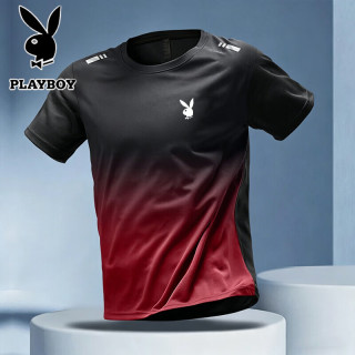 PLAYBOY 短袖T恤男士夏季速干运动服户外轻薄圆领渐变上衣 黑红 2XL