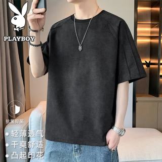 PLAYBOY 短袖T恤男士夏季百搭圆领轻薄透气休闲运动上衣 黑色 5XL