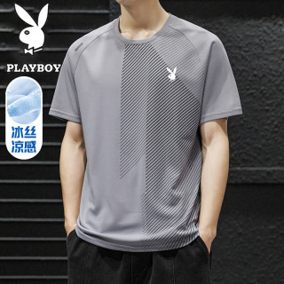 PLAYBOY 短袖T恤男士夏季冰感速干宽松圆领休闲运动上衣服 灰色 L