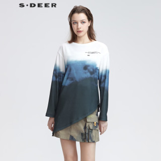 S.DEER 女装上衣休闲圆领撞色字母晕染不规则T恤S22180207 白色