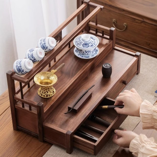 茉舟 茶具收纳架北黑胡桃木双层博古架实木茶壶茶杯沥水置物架茶具收纳 北美胡桃木《一路相伴》