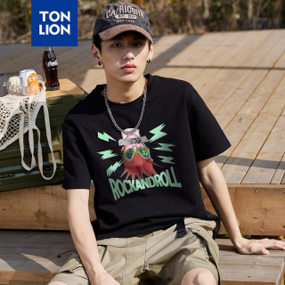 唐狮 夏季男款100%纯棉短袖T恤美式复古印花时尚 黑色 L
