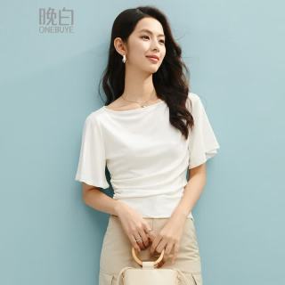 晚白 设计感收腰捏褶显瘦 短袖t恤 女