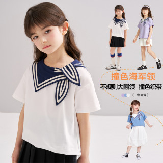 笛莎 女童短袖t恤儿童夏装海军领条纹学院风圆领上衣-7S2620408