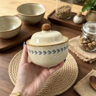 林哇 青绘复古炖蛊小碗蒸蛋陶瓷釉下彩带盖一人食汤煲日式厨房家用碗 M