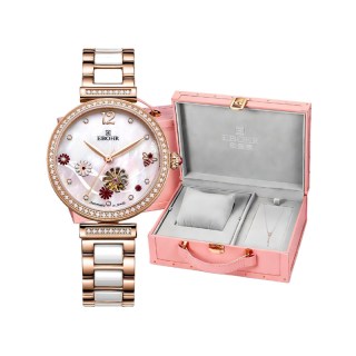 移动端：依波表 依波 蝶恋花系列 36290321 女士机械手表 32mm 贝母盘 间金色陶瓷带 圆形