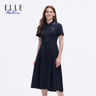 ELLE Active 女士经典翻领连衣裙 夏季短袖A字摆中长裙