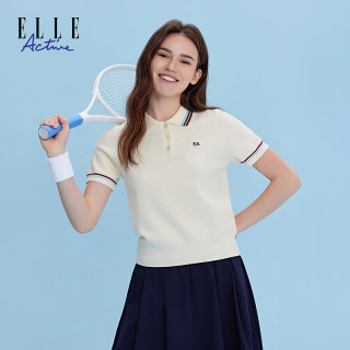 ELLE Active 女士撞色翻领针织衫 休闲收腰短袖POLO衫
