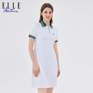 ELLE Active白色连衣裙女polo裙子夏新款收腰A字裙休闲短袖中长裙